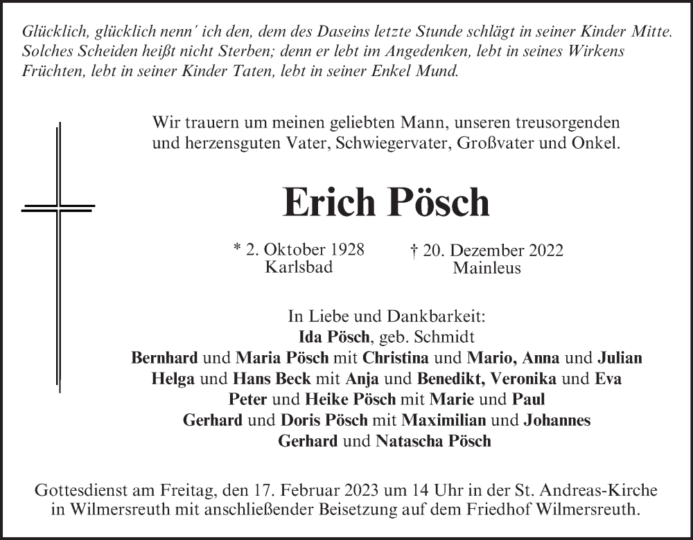  Traueranzeige für Erich Pösch vom 14.02.2023 aus MGO