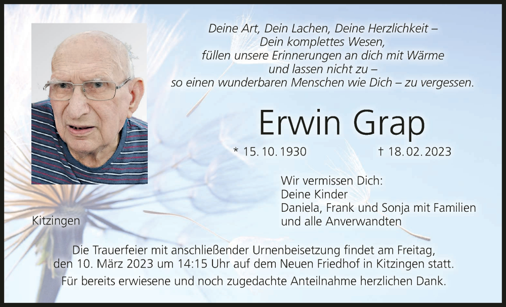  Traueranzeige für Erwin Grap vom 25.02.2023 aus MGO
