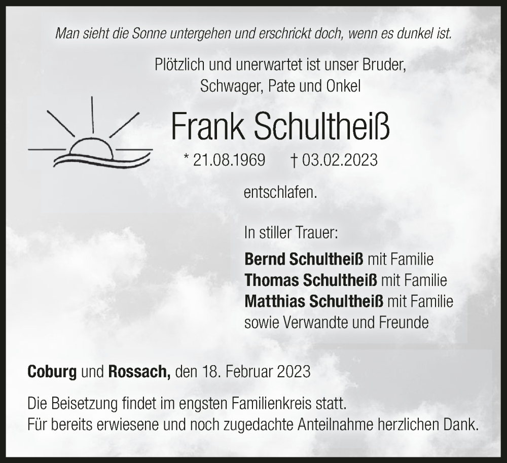  Traueranzeige für Frank Schultheiß vom 18.02.2023 aus MGO