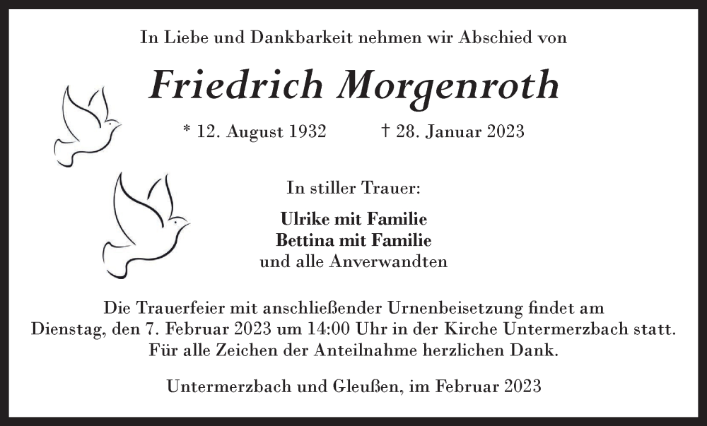  Traueranzeige für Friedrich Morgenroth vom 04.02.2023 aus MGO