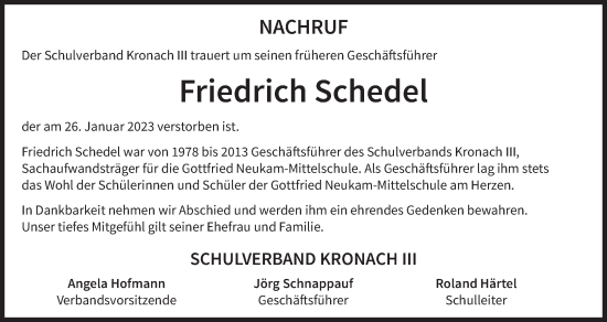 Anzeige von Friedrich Schedel von MGO