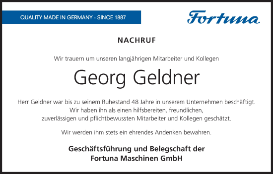 Anzeige von Georg Geldner von MGO