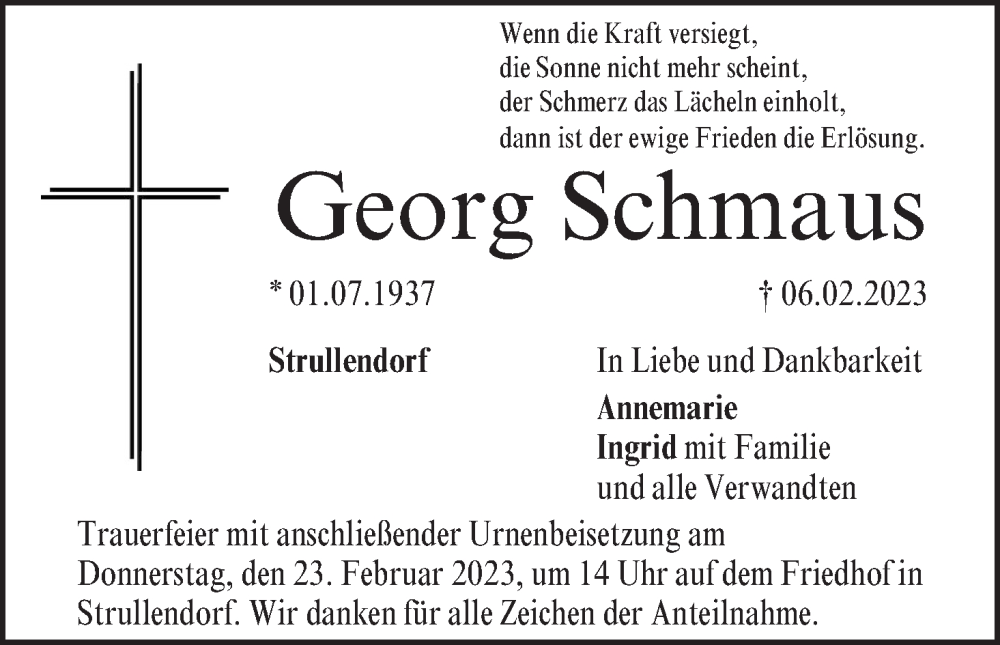  Traueranzeige für Georg Schmaus vom 18.02.2023 aus MGO