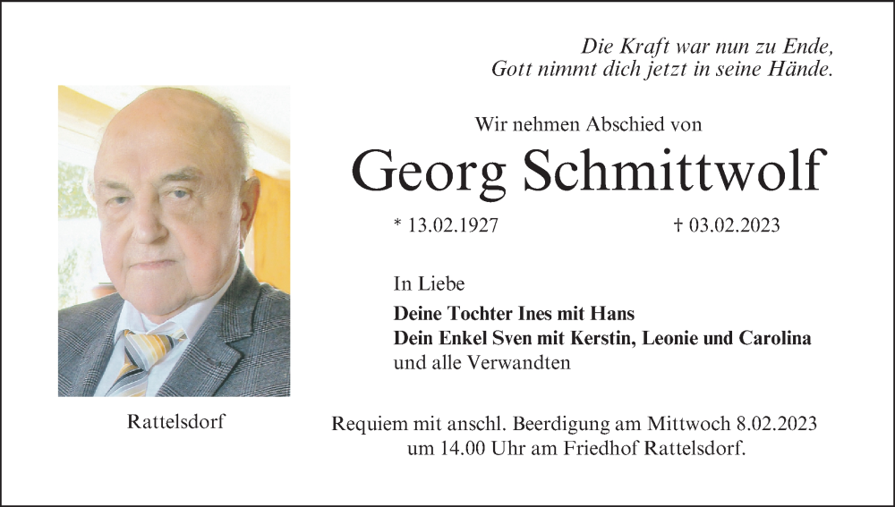  Traueranzeige für Georg Schmittwolf vom 04.02.2023 aus MGO