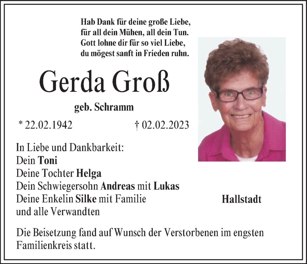 Traueranzeige für Gerda Groß vom 18.02.2023 aus MGO