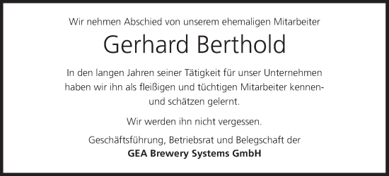 Anzeige von Gerhard Berthold von MGO