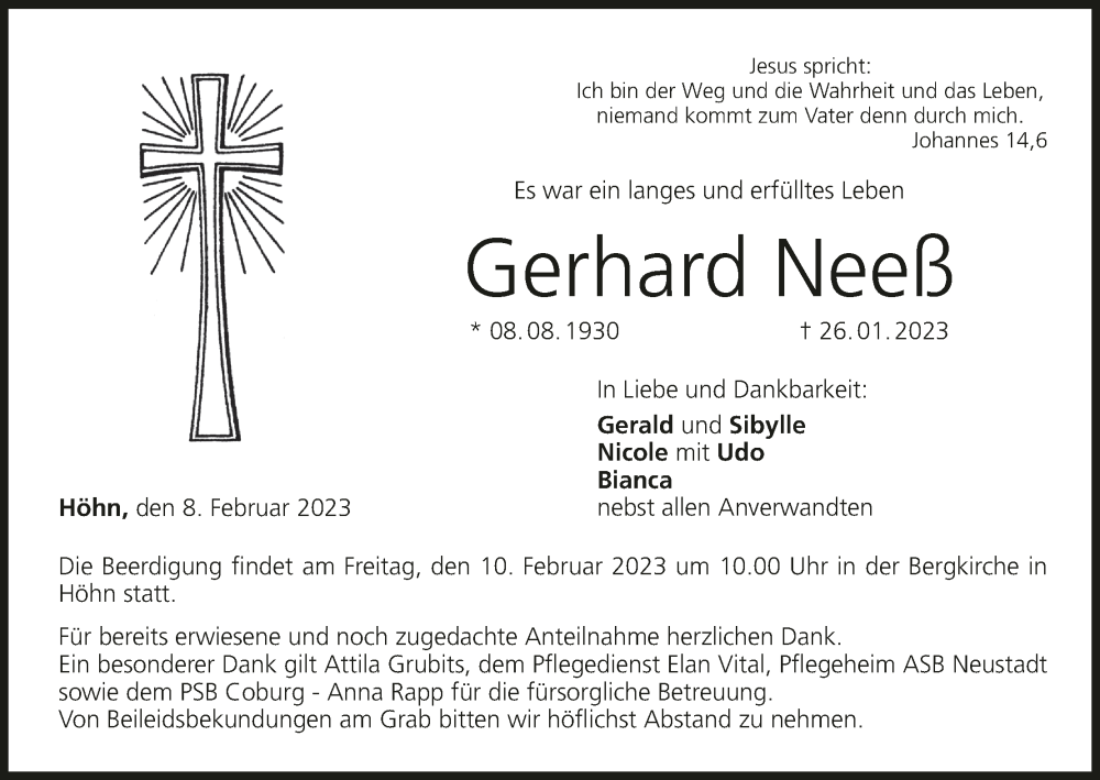  Traueranzeige für Gerhard Neeß vom 08.02.2023 aus MGO
