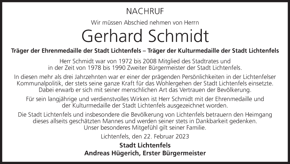  Traueranzeige für Gerhard Schmidt vom 23.02.2023 aus MGO