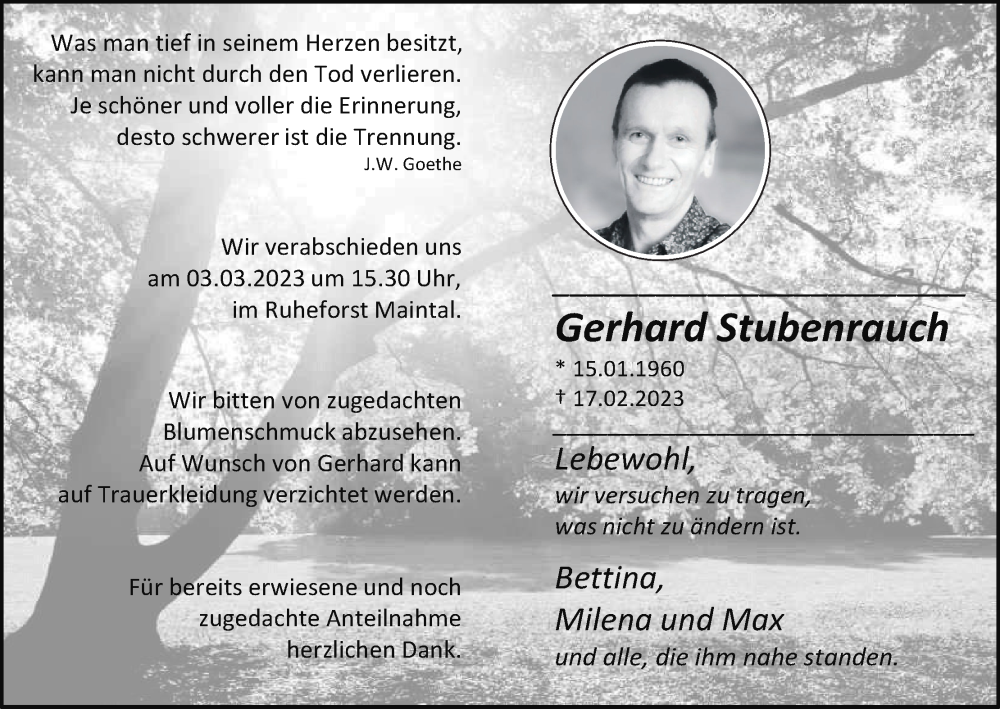  Traueranzeige für Gerhard Stubenrauch vom 25.02.2023 aus MGO