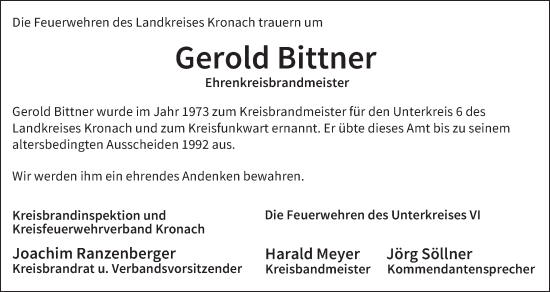 Anzeige von Gerold Bittner von MGO