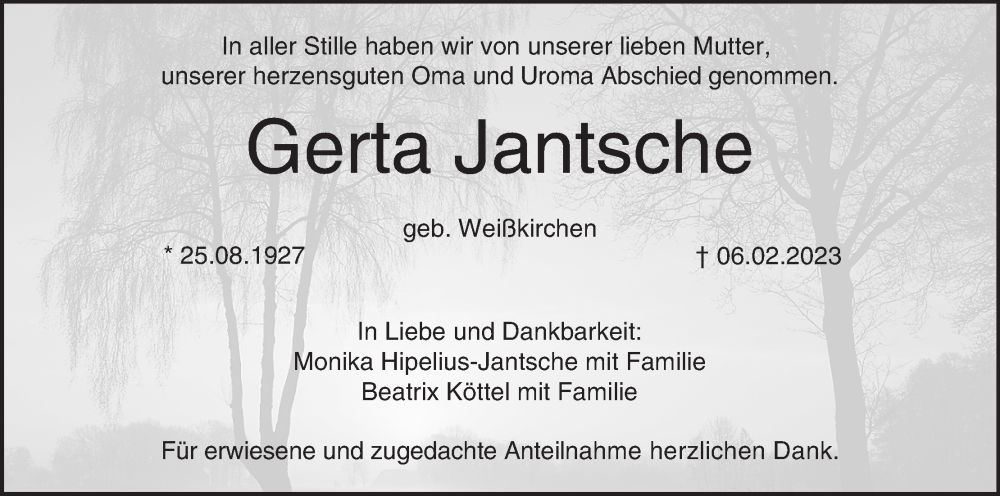  Traueranzeige für Gerta Jantsche vom 11.02.2023 aus MGO