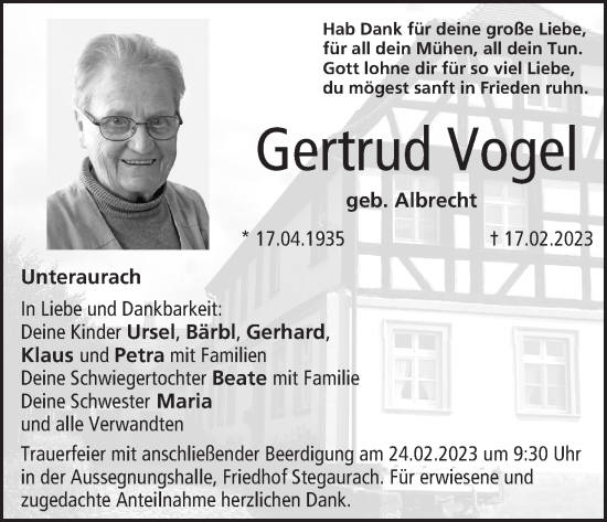 Anzeige von Gertrud Vogel von MGO