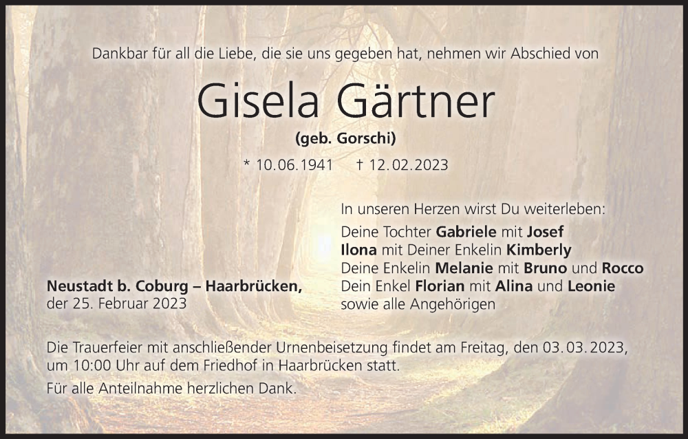  Traueranzeige für Gisela Gärtner vom 25.02.2023 aus MGO
