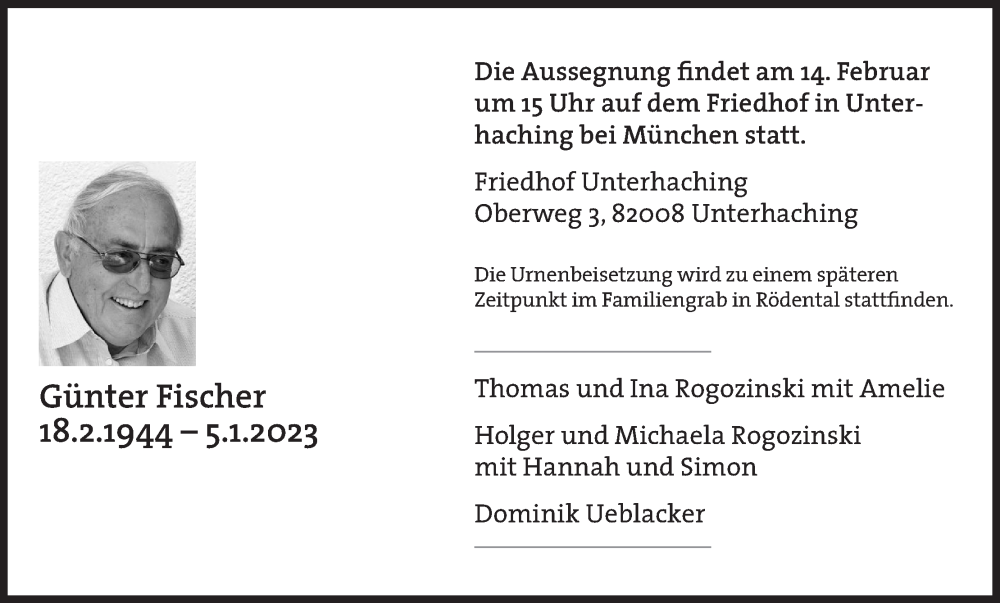  Traueranzeige für Günter Fischer vom 04.02.2023 aus MGO