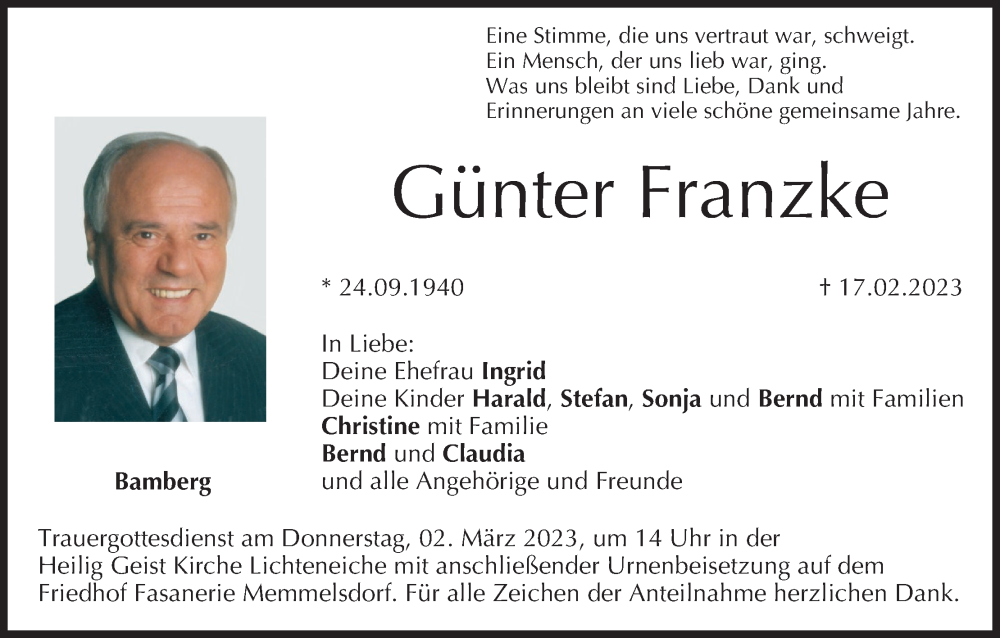  Traueranzeige für Günter Franzke vom 25.02.2023 aus MGO