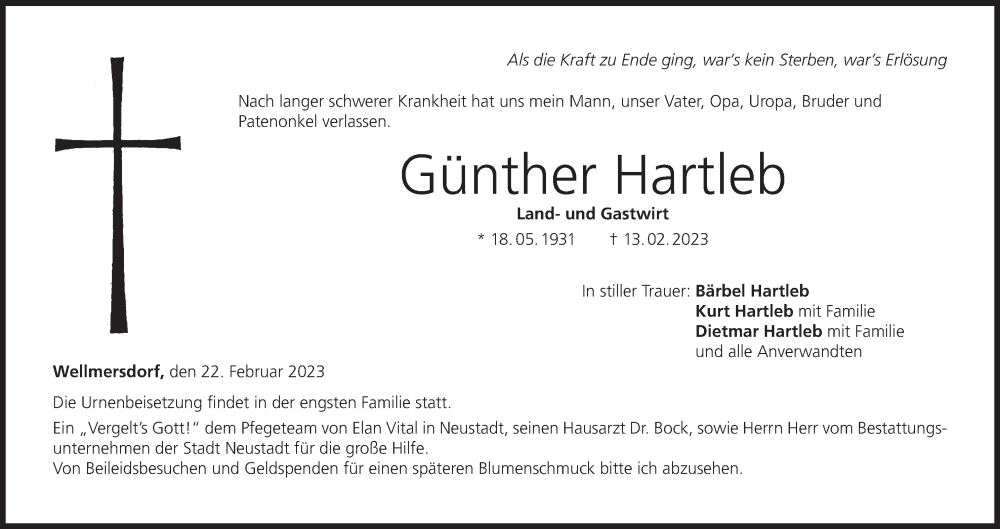  Traueranzeige für Günther Hartleb vom 23.02.2023 aus MGO