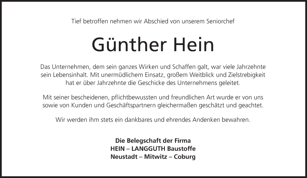  Traueranzeige für Günther Hein vom 18.02.2023 aus MGO