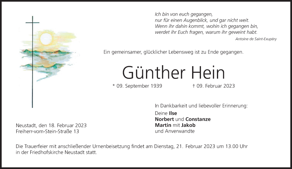  Traueranzeige für Günther Hein vom 18.02.2023 aus MGO