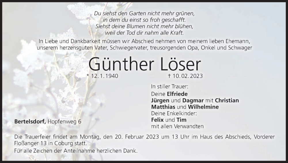  Traueranzeige für Günther Löser vom 16.02.2023 aus MGO
