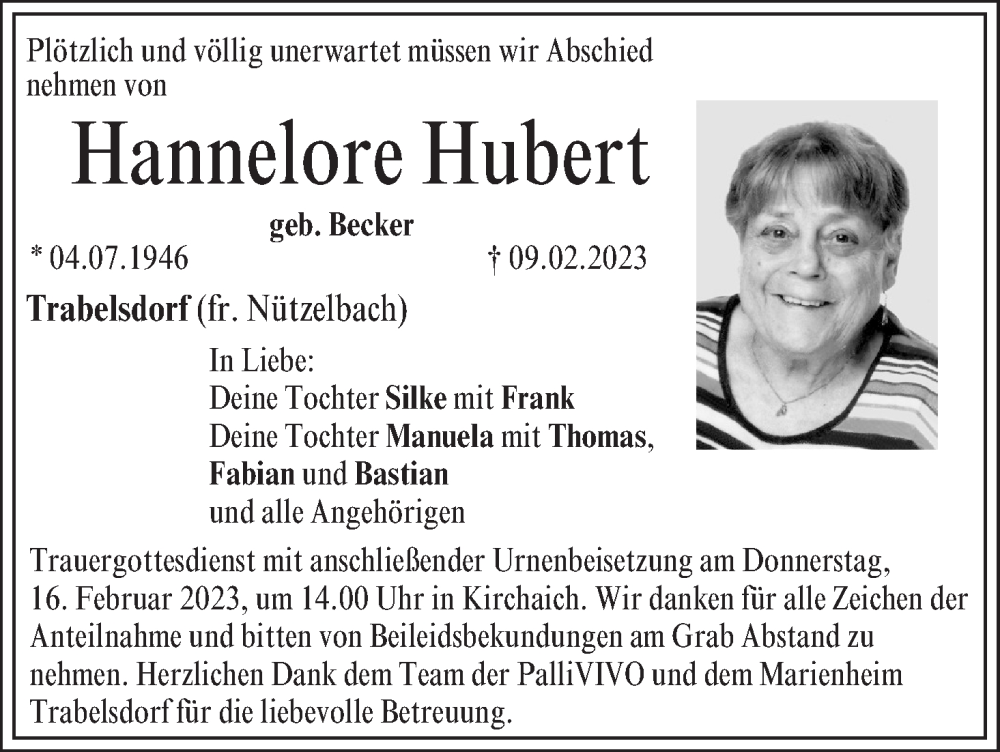  Traueranzeige für Hannelore Hubert vom 14.02.2023 aus MGO