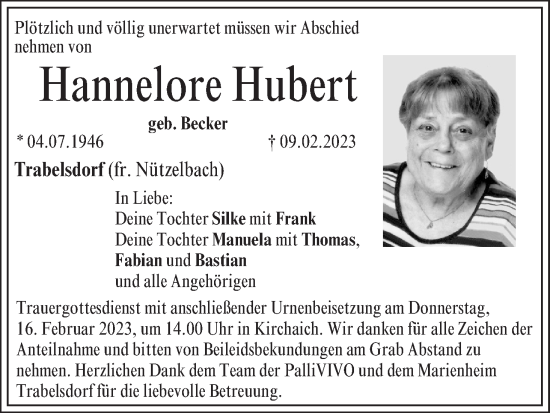 Anzeige von Hannelore Hubert von MGO