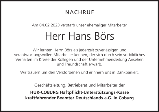 Anzeige von Hans Börs von MGO
