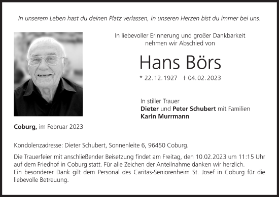 Anzeige von Hans Börs von MGO