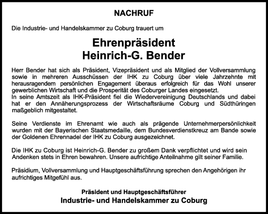 Anzeige von Heinrich-G. Bender von MGO