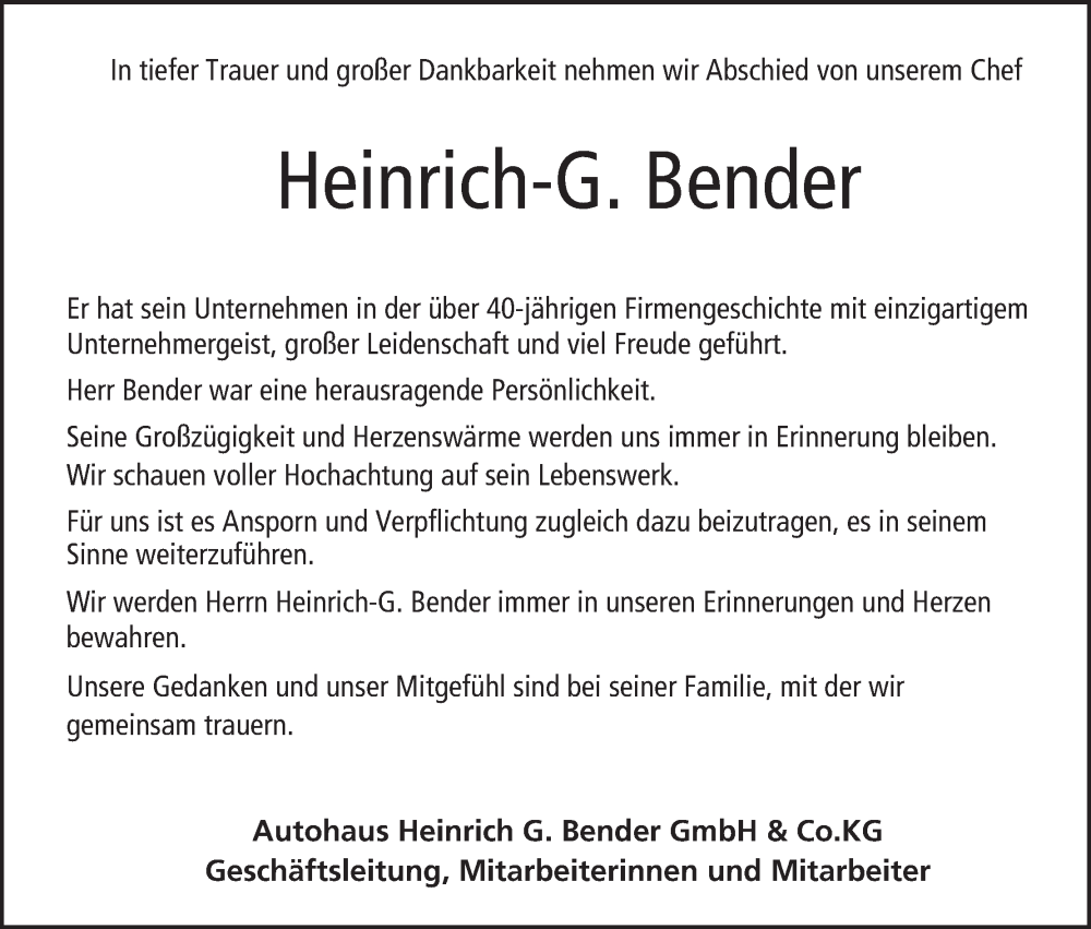  Traueranzeige für Heinrich-Georg Bender vom 01.02.2023 aus MGO