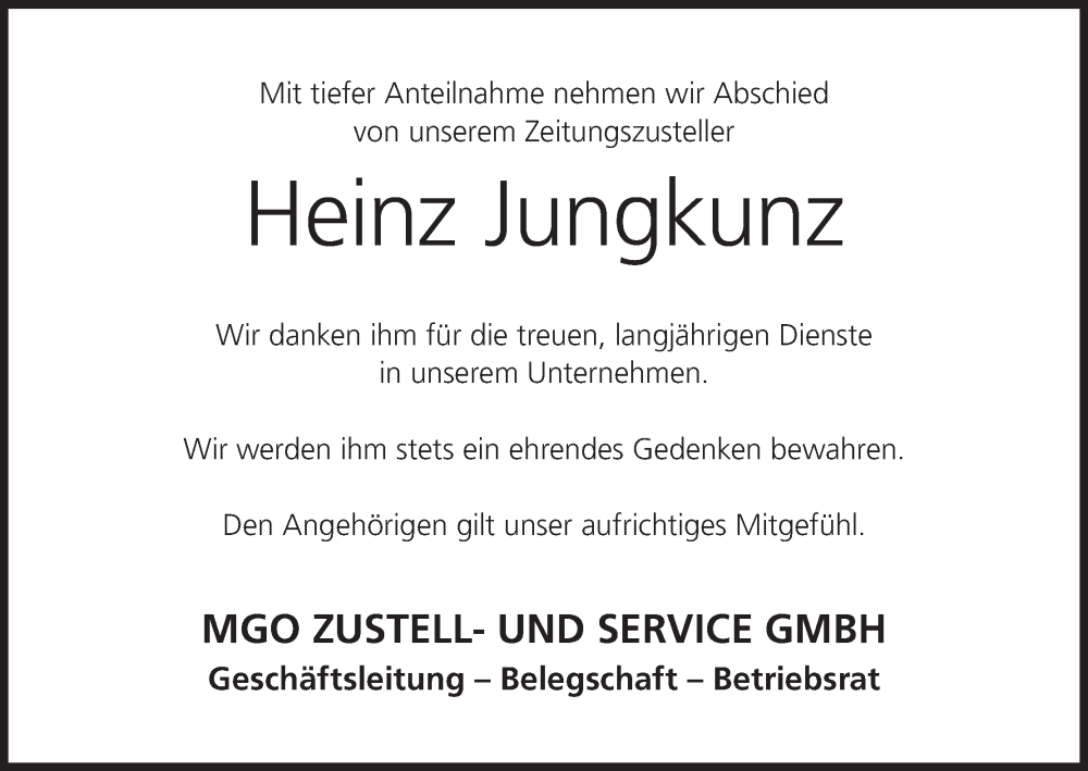  Traueranzeige für Heinz Jungkunz vom 31.01.2023 aus MGO
