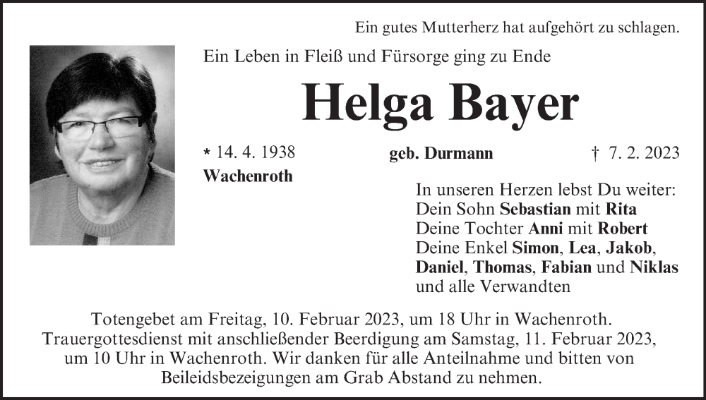  Traueranzeige für Helga Bayer vom 09.02.2023 aus MGO