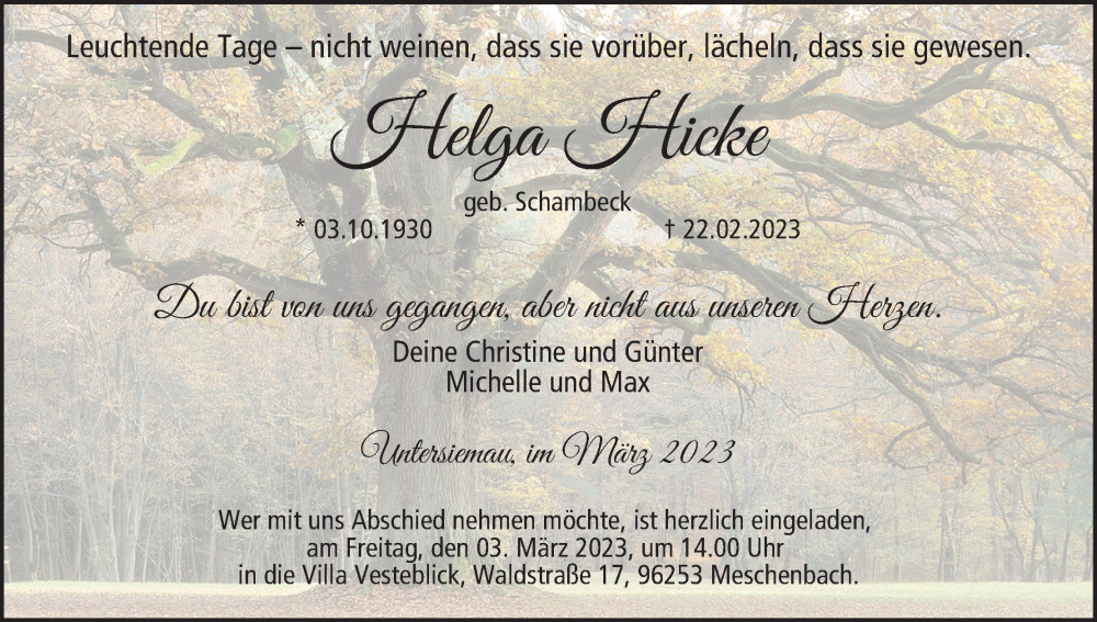  Traueranzeige für Helga Hicke vom 25.02.2023 aus MGO