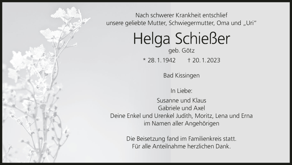  Traueranzeige für Helga Schießer vom 04.02.2023 aus MGO