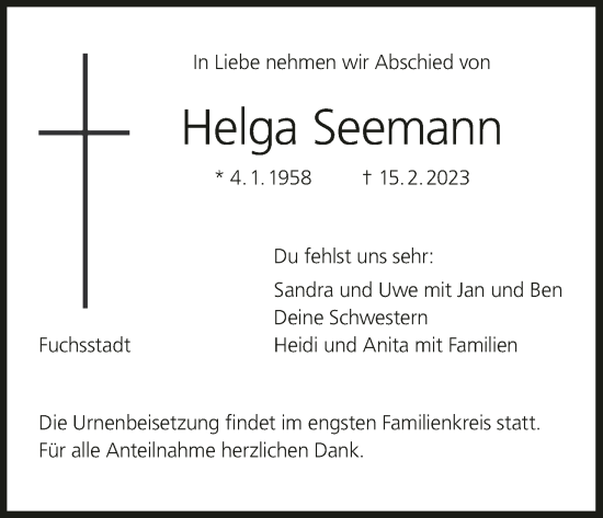 Anzeige von Helga Seemann von MGO