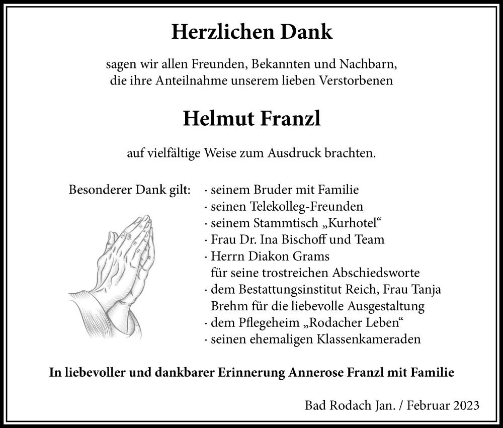  Traueranzeige für Helmut Franzl vom 18.02.2023 aus MGO