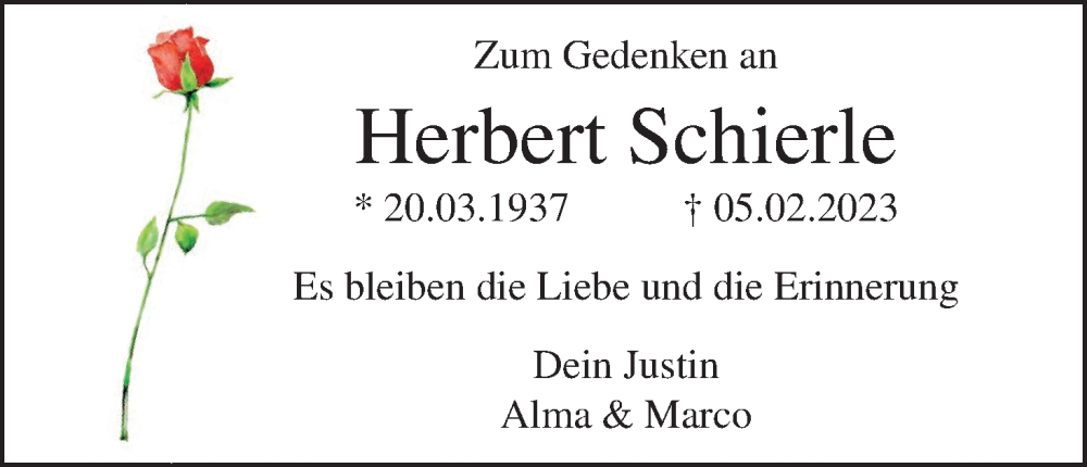  Traueranzeige für Herbert Schierle vom 14.02.2023 aus MGO