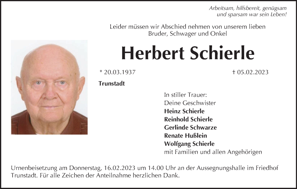  Traueranzeige für Herbert Schierle vom 14.02.2023 aus MGO