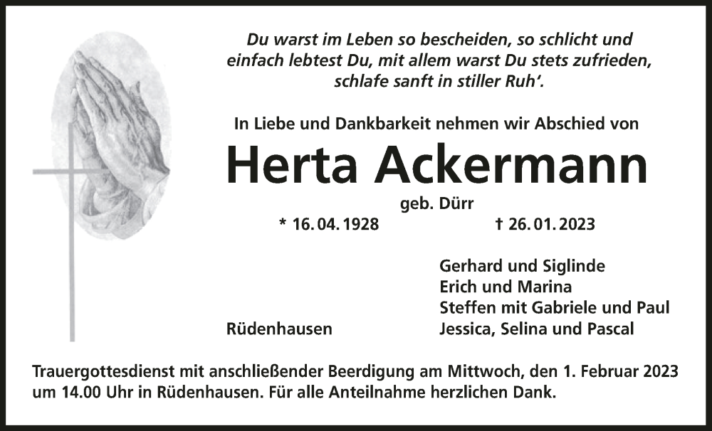  Traueranzeige für Herta Ackermann vom 31.01.2023 aus MGO