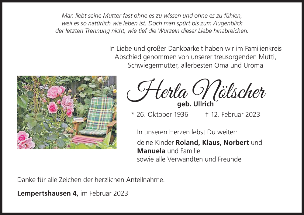 Traueranzeige für Herta Nölscher vom 18.02.2023 aus MGO