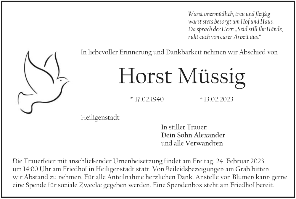  Traueranzeige für Horst Müssig vom 18.02.2023 aus MGO