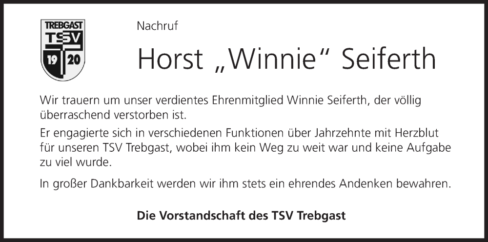  Traueranzeige für Horst Seiferth vom 10.02.2023 aus MGO