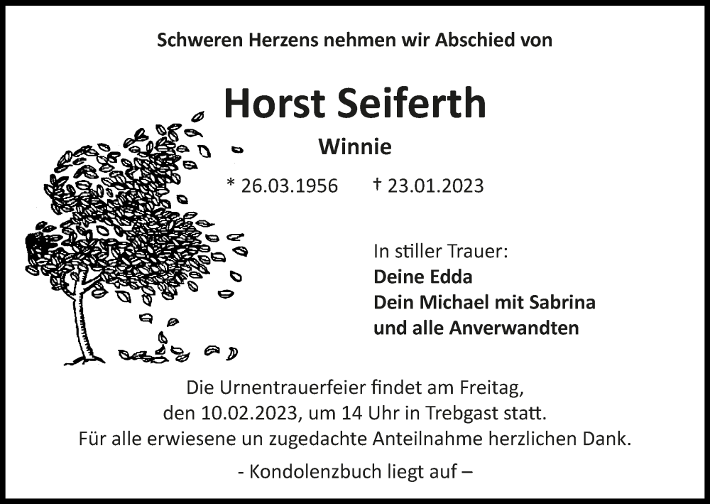  Traueranzeige für Horst Seiferth vom 08.02.2023 aus MGO