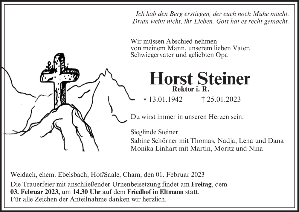  Traueranzeige für Horst Steiner vom 01.02.2023 aus MGO