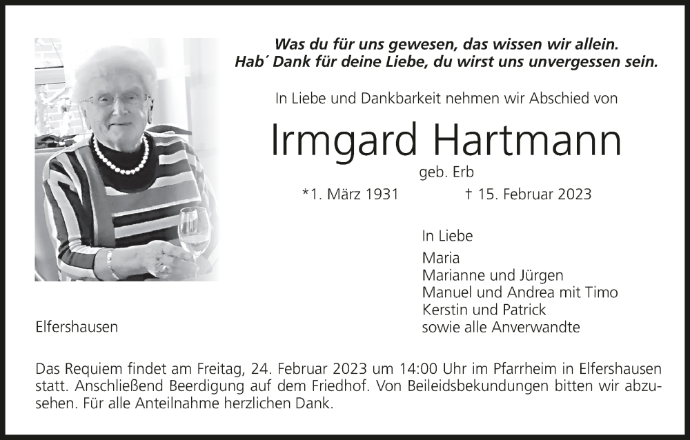  Traueranzeige für Irmgard Hartmann vom 18.02.2023 aus MGO