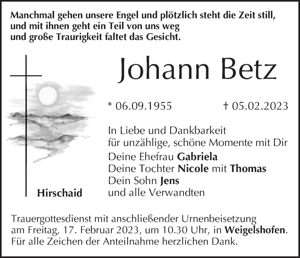  Traueranzeige für Johann Betz vom 11.02.2023 aus MGO