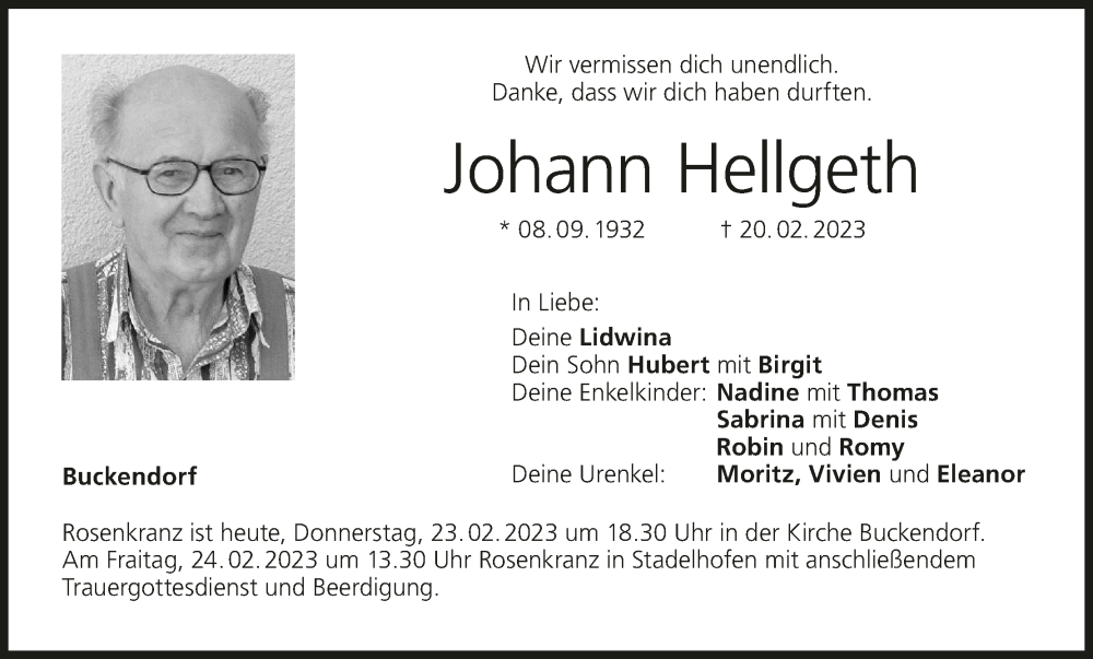  Traueranzeige für Johann Hellgeth vom 23.02.2023 aus MGO
