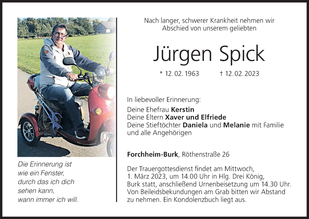  Traueranzeige für Jürgen Spick vom 25.02.2023 aus MGO