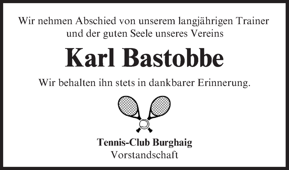  Traueranzeige für Karl Bastobbe vom 01.02.2023 aus MGO