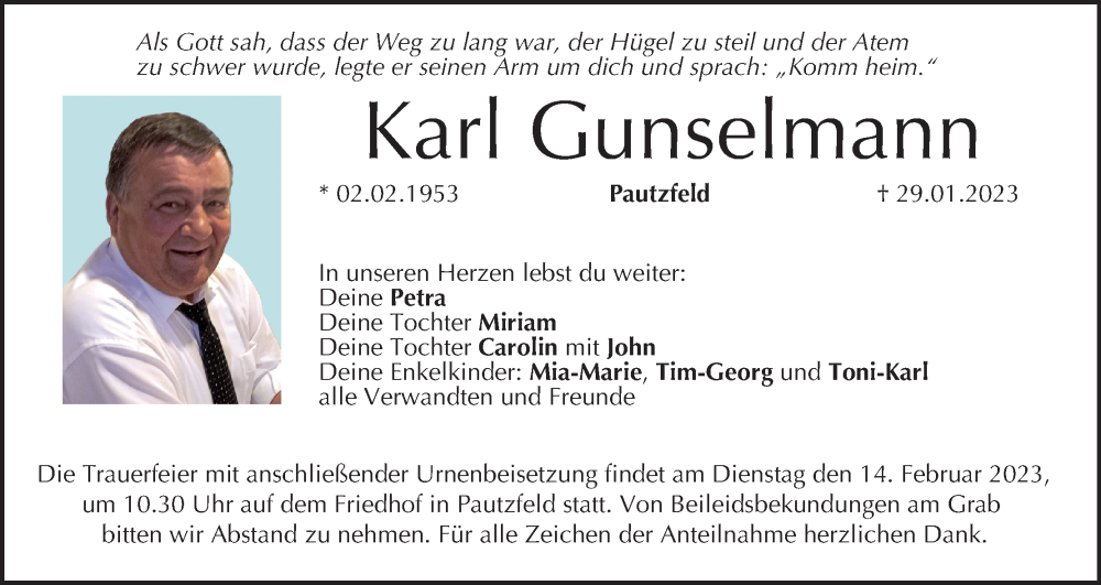  Traueranzeige für Karl Gunselmann vom 04.02.2023 aus MGO