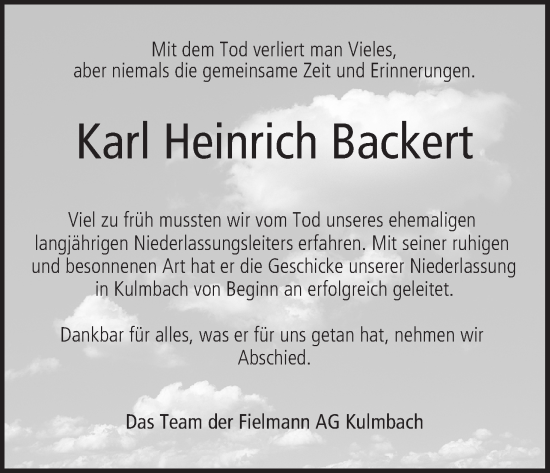 Anzeige von Karl Heinrich Backert von MGO